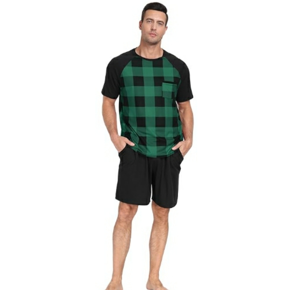 Men's Pajama Set Sleepwear Lightweight Short Sleeve Black /Green New